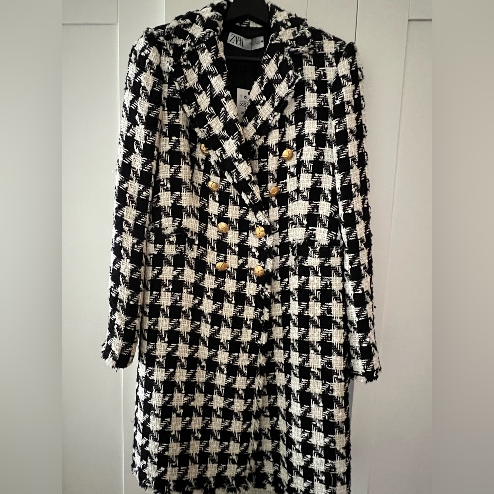 Zara Tweed Double Breasted Coat Gold Buttons Houndstooth